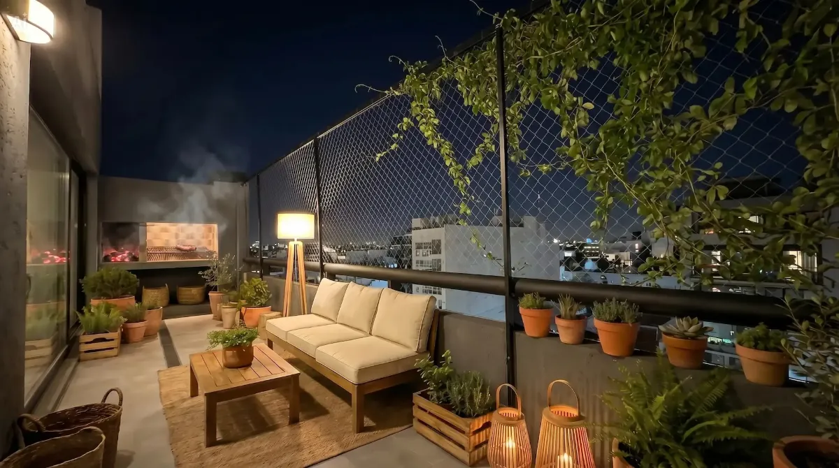 Balcón terraza con parrilla encendida — ambientación sugerida